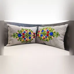 Good Vibes Grey & Green Set of 2 Embroidered Velvet Rectangle Cushion Covers-52
