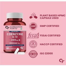 Carbamide Forte Coenzyme Q10 (CoQ10) 200mg with Piperine 5mg | Supports Heart Health and Vascular Health | 100% Vegetarian – 60 Capsules image 3