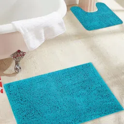 OBSESSIONS Blue Solid Anti-Skid Bath Rug With Contour Mat-38