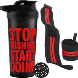 Combo of Stop Wishing Gym Protein Shaker Bottle with Wrist Support Band Fitness Accessory Kit Kit-image-56