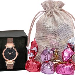 Chocolate Gift Potli with Relish Magnet Metal Belt Analog Watch, Best Sis Ever for Sister, Birthday Gift for Sister Jute Gift Box-19