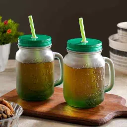 ceradeco Set of 2 Green Frosted Coloured Mason Jar With Metal Lid & Straw 480 Ml Each-picture-44