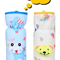 Soft Plush Stretchable Baby Feeding Bottle Cover/Tote Bag/Sleeve with Easy to Hold Strap | Cute Animated Overall Print Pack of 2 (Yellow & Blue, Narrow Neck 240ml/8OZ)-image-81