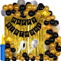 Solid Happy Birthday Decoration Kit With Balloon Pump & Golden Black Silver Metallic Balloon-image-28
