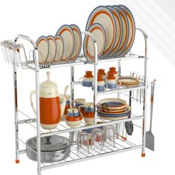 Dish Drainer Kitchen Rack Compact 4-Shelf Stainless Steel Utensil Rack | Kitchen Bartan Stand Dish Storage Steel-image-81