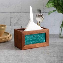 vareesha Acacia Wood Green Chatai Four Part Cutlery cum Tissue Holder-picture-2