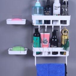 5psc Plastic Bahtroom Storage Saver Stand and Soapdish Holder with Towel Hanger Plastic Wall Shelf-image-33