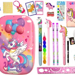 unicorn Theme School stationery set combo for kids 3D Big Pouch for Large Capaci ty with Pen/Pencil/Eraser/keychain/badge for All Stationery Birthday Return Gift Art Polyester Pencil Box-picture-9