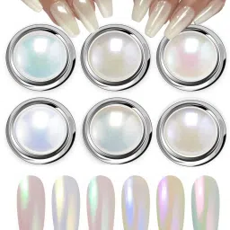 Chrome Nail Powder, 6 - Colors White Pearl Chrome Nail Powder Set,-1