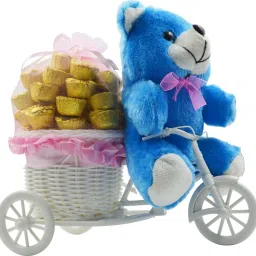 Special Gifts, Surprise Cycle Teddy with Chocolate for Wife, Girlfriend, fiancé On Valentine's Day, Birthday, Anniversary, Karwa Chauth and any special Occasion IZ19CyChocoPTBl-002 Silk, Plastic Gift Box-image-67