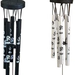 ryme Pack Of (2) Om Printed 5 Pipes Black & Silver Wind Chime Wall Hanging Brass Windchime-picture-7