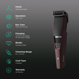 PHILIPS 3000 Series Rechargeable Cordless Wet & Dry Trimmer for Beard & Moustache with 10 Length Settings for Men (60min Runtime, LED Charge Indicator, Wine) image 2