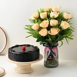 Cherry Topped Chocolate Cake With Peachy Roses-33