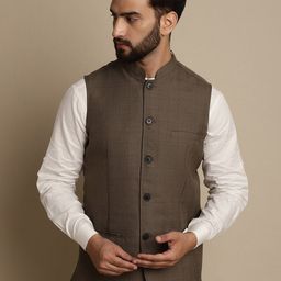 even Checked Mandarin Collar Nehru Jacket-42