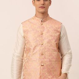 Jompers Men Pink Floral Embrossed Nehru Jacket-52