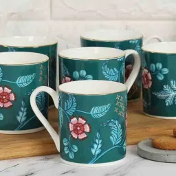 india circus by krsnaa mehta 22 Karat Gold Plated 200ml Teal Green Ceramic (Set of 6) Coffee Mug-picture-46