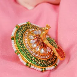 Crunchy Fashion Gold-Plated Green Meenakari Peacock Wedding Ring-image-33