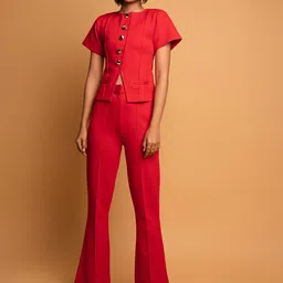 brown sugar Pure Cotton Shirt Collar Neck Crop Top With Trousers Co-Ords-picture-1