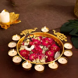 ARVALLEY Gold Toned Peacock Textured Decorative Bowl With Tea Light Holders-12