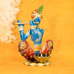 Ekhasa Blue & Red Printed Metal  Krishna Candle Holder-8