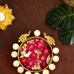 DecorTwist Peacock Metal Urli Decoration Bowl & Tealight Candle Holder-17