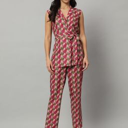 Mast & Harbour Maroon & Green Printed Pure Cotton Lapel Collar Tunic & Trouser Co-Ords-picture-13