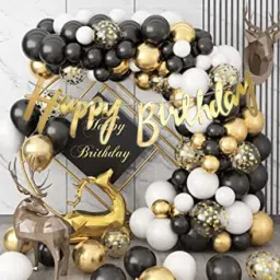 New Black White Golden Balloons, Happy Birthday Banner Decoration Kit-89