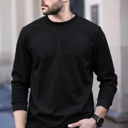 Men Solid Round Neck Cotton Blend Black T-Shirt-image-5