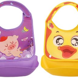 Baby Feeding Silicone Bibs With PVC Back & Detachable Front Pocket Durable Apron-image-45