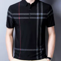 Men Striped Polo Neck Cotton Blend Black, Grey T-Shirt-image-34