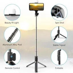 PunnkFunnk R1S 3-in-1 Selfie Stick Tripod with Wireless Bluetooth Remote & Extendable Rod for Smartphones | Travel Vlogging Stand Bluetooth Selfie Stick image 3