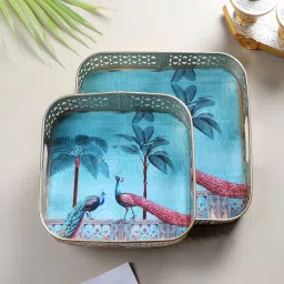 Square Shaped Peacocks Design Serving Trays Set (8 Inches & 10 Inches) Tray Serving Set-image-28