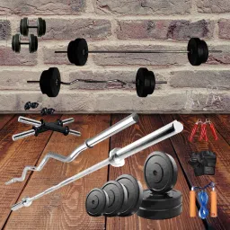 40 kg Rubber Plate [2.5Kgx4, 5Kgx6] One 4ft Curl and 5ft Straight 28mm Rod, 2 Dumbbell Rod, 2 Hand Grip, 1 Skipping Rope, 1 Glove Set, 4 lock Home Gym Combo-25