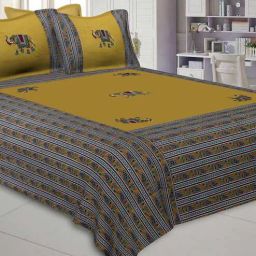 Yellow Jaipuri Hand Made Embroidery Patch Work 240 TC Cotton 1 Double Bedsheet with 2 Pillow Covers by Jaipur Fabric-picture-9