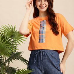 mast & harbour Women Printed Round Neck Pure Cotton Orange T-Shirt-picture-17