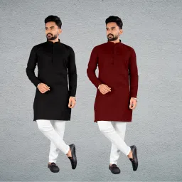 Pack of 2 Men Solid Cotton Blend Straight Kurta-image-93