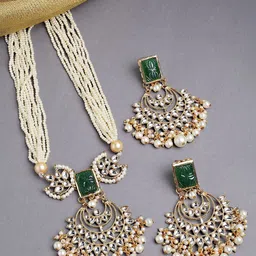 KARATCART Gold-Plated Green & White Kundan Studded & Beaded Handcrafted Jewellery Set-image-69