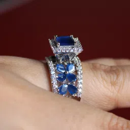 Solitaire Crystal Silver Plated American Diamond Rings for Women, Girls (Blue) Sterling Silver Cubic Zirconia Sterling Silver Plated Ring-image-2
