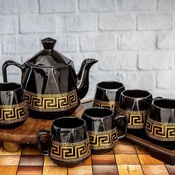 Pack of 7 Ceramic Hand-Painted Diamond Pattern Designer Ceramic Tea Cup Set with Kettle-image-37