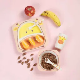 Bamboo Fiber Kids Feeding Set of 5 | Dinner Set For Kids | Cow Theme - Bamboo (Plate, Bowl, Cup, Spoon & Fork)-image-37