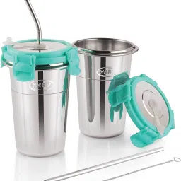 Stainless Steel Tumbler with Silicon Aperture Steel Lid, Set of 2 pcs with 2 Straws, 1 Brush - Sea Green - 400ml Each-image-86
