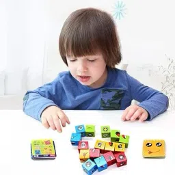 crazybuy Wooden Emoji Face Cube Matching Block Puzzle Game for Kids |16 Cubes 72 Cards| image 5
