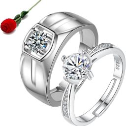 King & Queen Sterling Silver Adjustable Couple Rings with Rose Box Stainless Steel Cubic Zirconia Silver Plated Ring Set-image-41