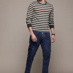 Men Striped Round Neck Black Sweater-image-70