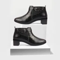 Flared Heel Mid Top Leopard Print Embossed Design Buckle Strap Chelsea Boots For Women-image-0
