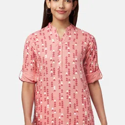 AKKRITI BY PANTALOONS Pink & White Mandarin Collar Printed Tunic-picture-11