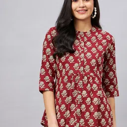 WineRed Floral Printed Mandarin Collar Pure Cotton Tunic-image-19