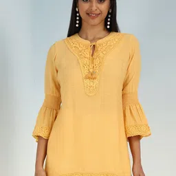 Lakshita Embroidered Tie-Up Neck Bell Sleeve Straight Kurti-image-51