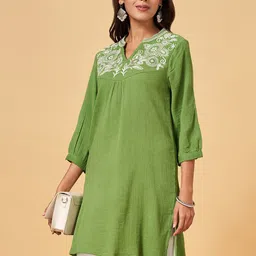 YU by Pantaloons Mandarin Collar Pure Cotton Embroidered Tunic-image-3