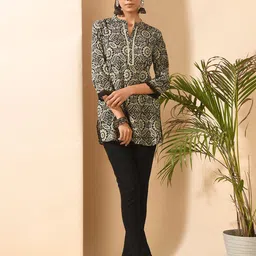MEESAN Mandarin Collar Printed Cotton Ethnic Tunic-picture-49